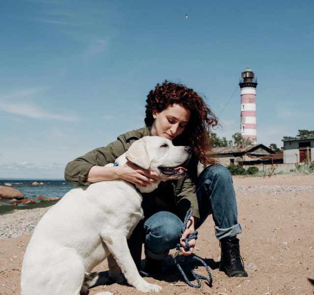 pexels-photo-5080825-5080825 A woman embraces her Labrador on a beach with a lighthouse in the background on a sunny day.